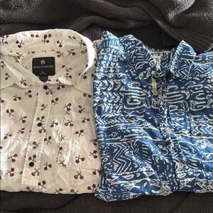 Men's print button up short sleeved shirts.